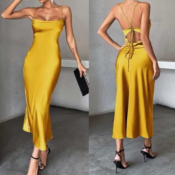 Luxe tie open back satin cami party formal evening wedding dress - Picture 9 of 16